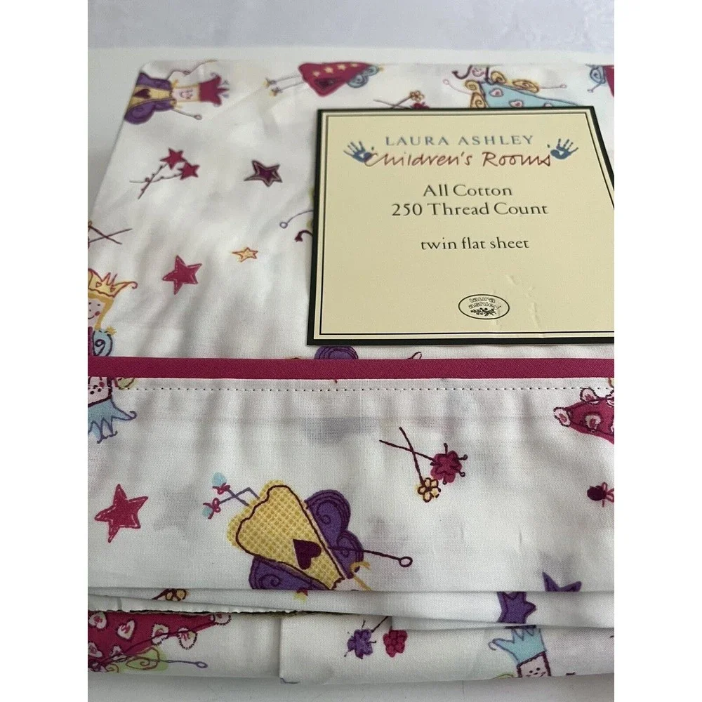 New - Laura Ashley Fairy Princess White Pink Twin Flat Sheet